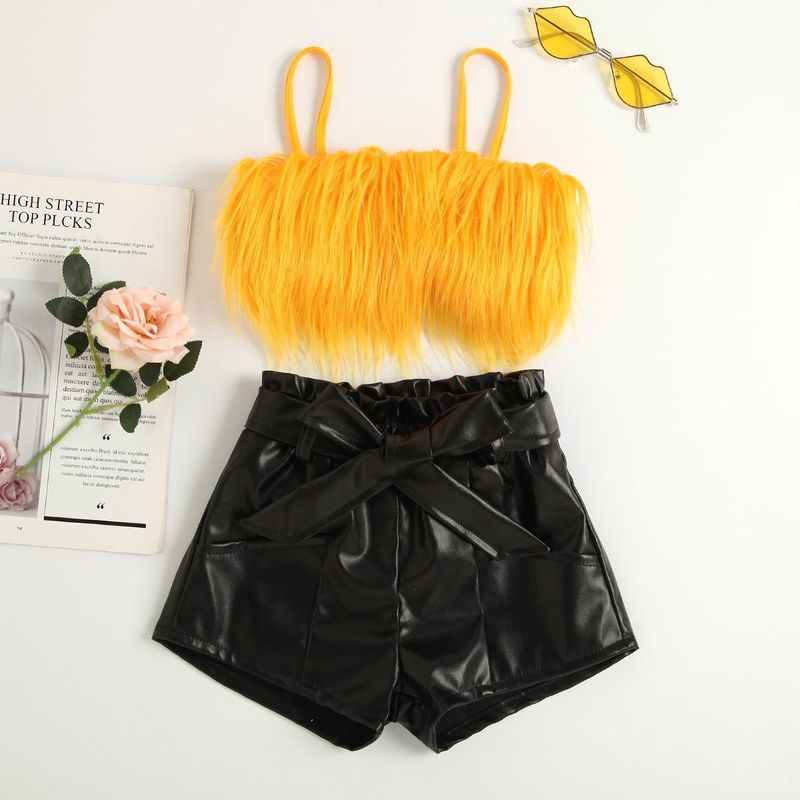 Mother & Kids Children's Clothing Popular Spring And Summer Fur Suspenders Solid Color Leather Shorts Suit With Belt_voghion.com