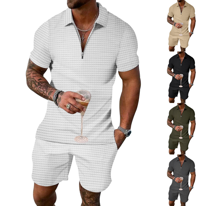 Unbeatable Quality 2025 Men's Short Sleeved Shorts Summer Small Square Casual Loose Half Zip Collar Set For Men_voghion.com
