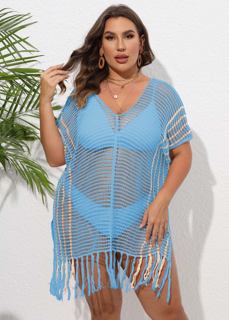 Chemisier de vacances pour femmes, grande taille, rayé, coutures contrastées, robe de plage, bikini, vêtements d'extérieur_voghion.com
