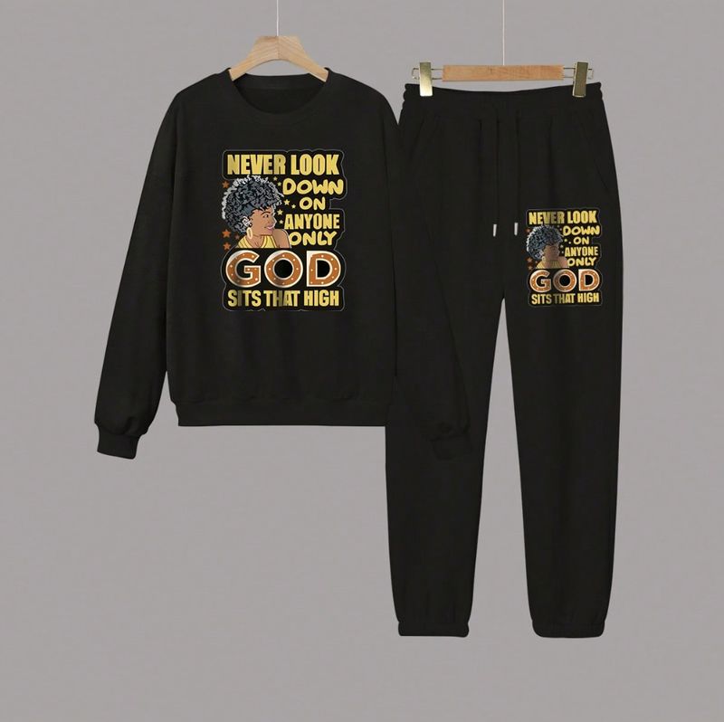 Plus Size Women's Fashionable All-match Round Neck Sweater Set Letters Cartoon Characters Printed_voghion.com