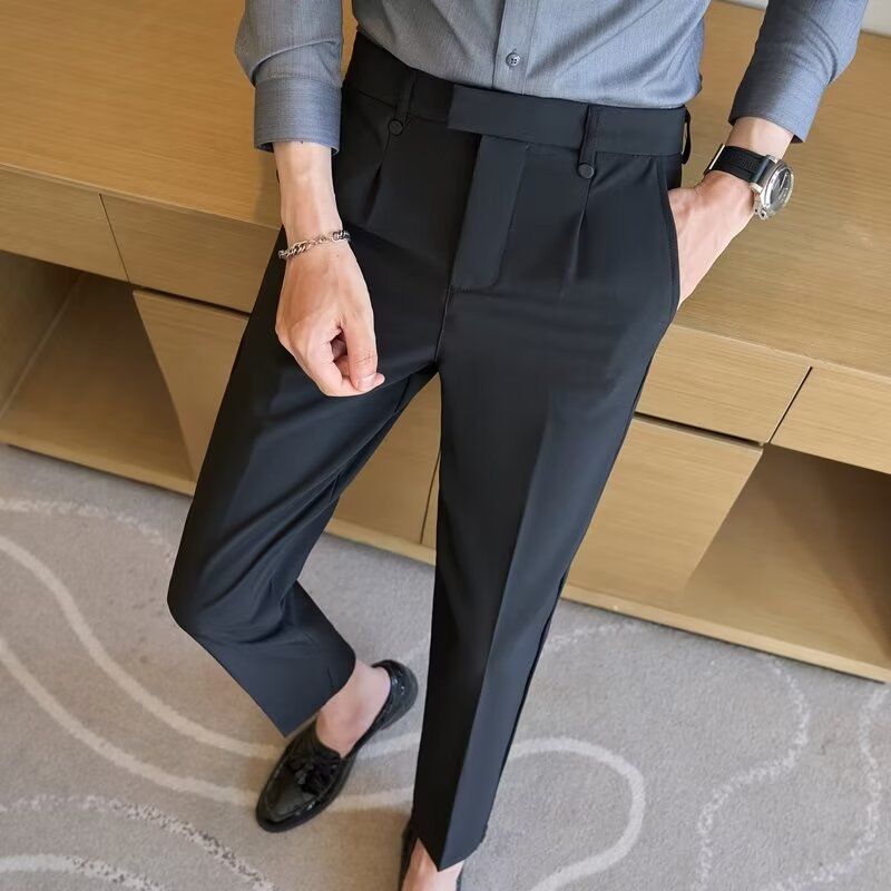 Spring And Summer New Men's Suit Pants Men's Solid Color Non-ironing Casual Pants Commuting To Work Slim-fitting Solid Color Nine-point Pants_voghion.com