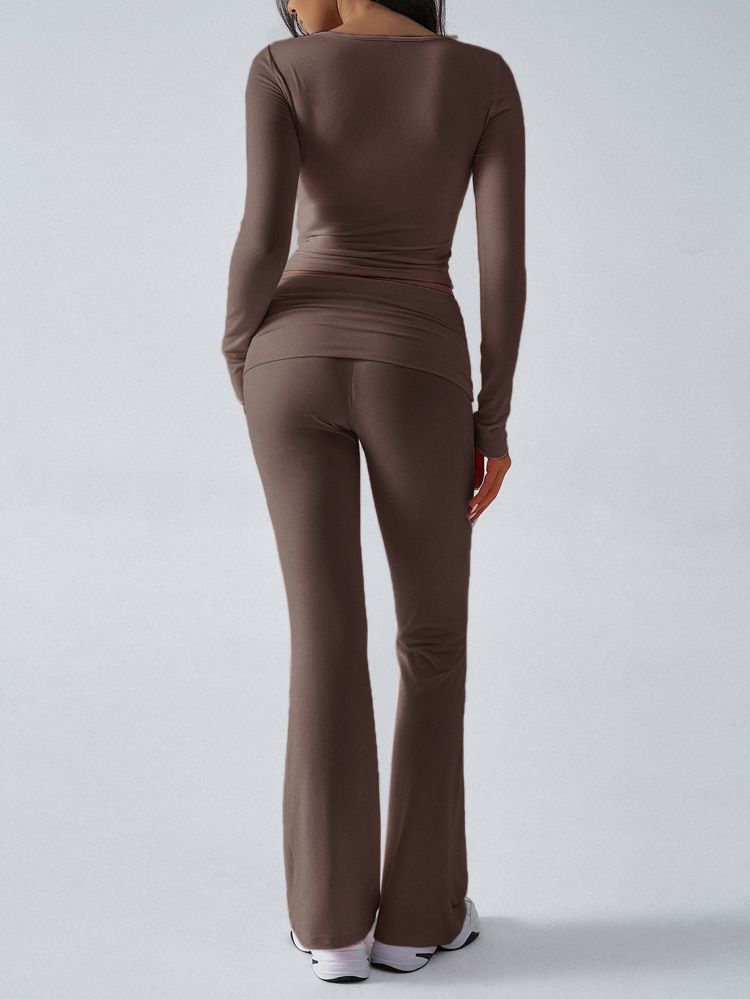 KaiKuo 2024 Automne Hiver Femmes Y2K Décontracté Sport Style Couleur Unie Haut Pantalon Évasé Ensemble 2 Pièces_voghion.com