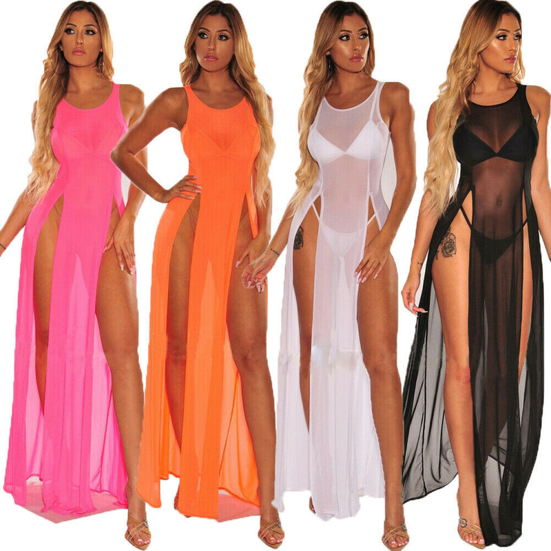 Robe longue fendue transparente en maille sexy de nouveau style_voghion.com