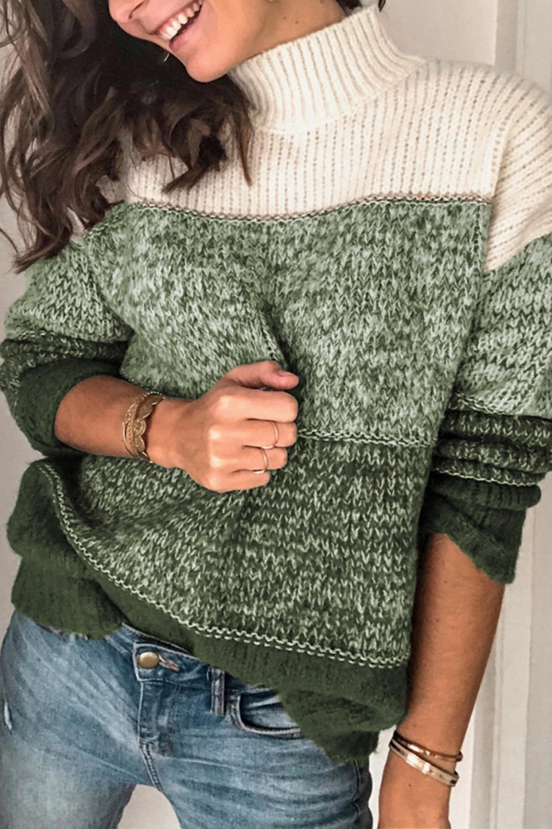 Damen-Strickpullover mit lässigem Oberteil in verschiedenen Farben, gestreiften Nähten und hohem Kragen in Kontrastfarbe_voghion.com