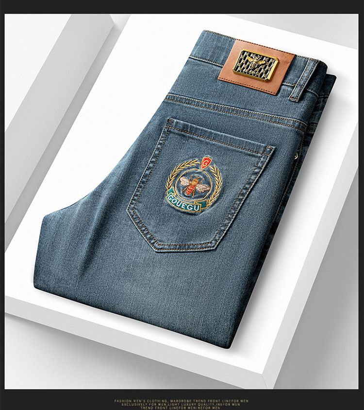 Jeans haut de gamme, produits européens, pantalons pour homme, broderies tendance printemps-été, pantalon slim droit en denim léger et extensible_voghion.com