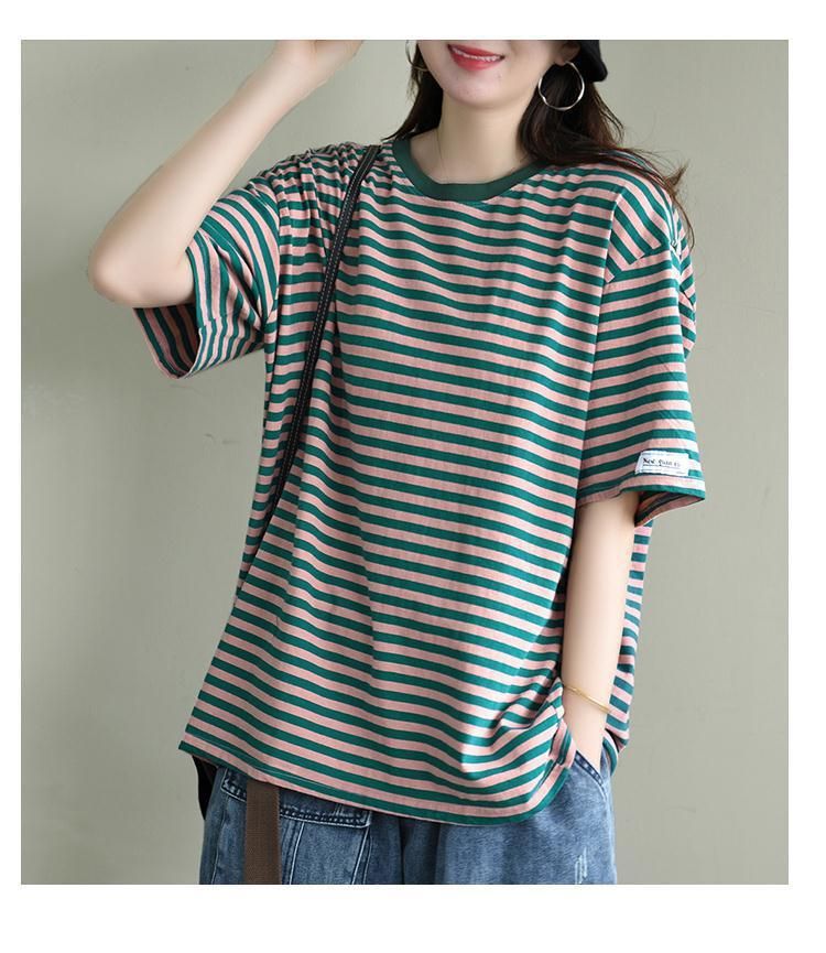 Hot Selling Trendy Gestreepte Korte Mouw T-Vrouwelijk 2024 Zomer Nieuwe Koreaanse Versie van de Top Losse Veelzijdige Half-Mouw Body_voghion.com