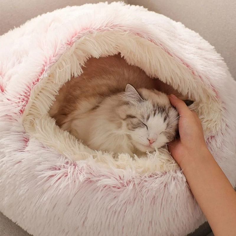 Warmes langes Plüschbett, geschlossenes rundes Kissen, bequemer Schlafsack, Katzennest, Zwinger für kleines Haustier_voghion.com