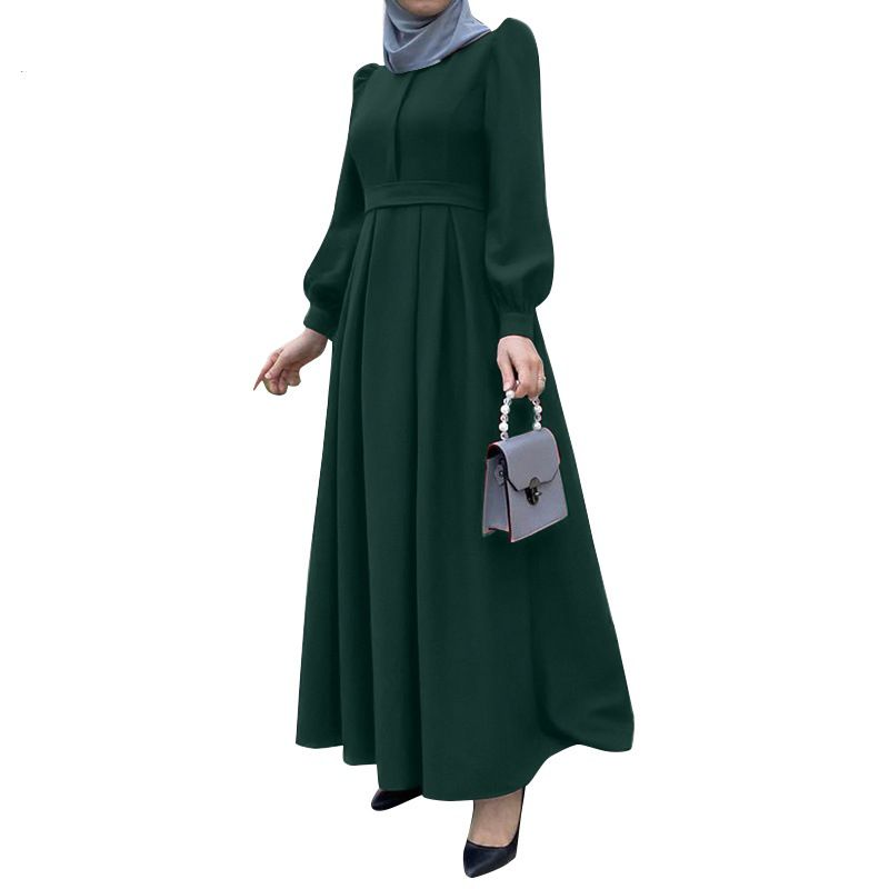 Damklänning Plus Size Klänning Puffärm Rundhals Enfärgad lång kjol Robe Klänning_voghion.com