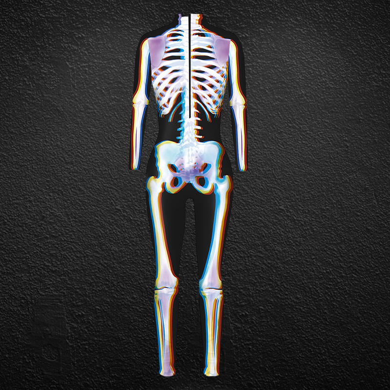 Ženska oblačila za noč čarovnic, ženski oprijeti kombinezon s potiskom človeškega okostja_voghion.com