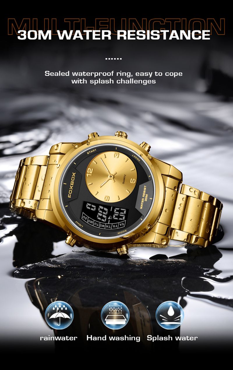 Men's Waterproof Luminous Analog Digital Watch With Alarm Chronograph, Stainless Steel Band, Mineral Glass, 43mm Round Case_voghion.com