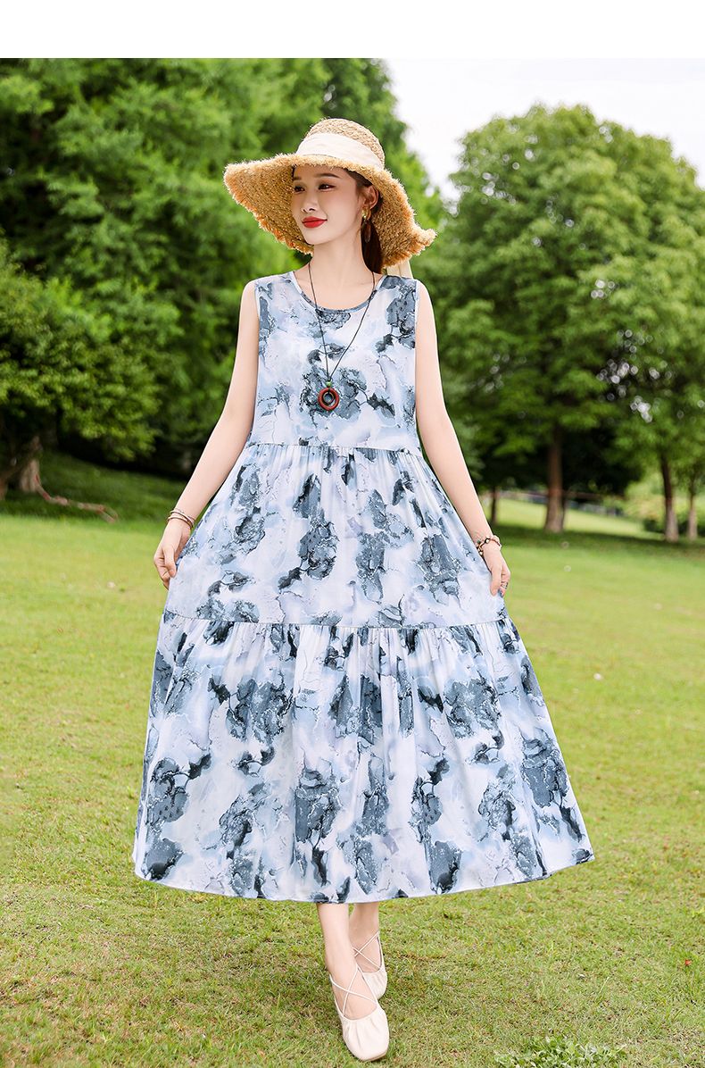 Französischer Stil High-End für Frauen Sommer 2025 Neue lose Plus Size Extra lange Baumwolle Blumenweste Kleid Falten Outfit_voghion.com