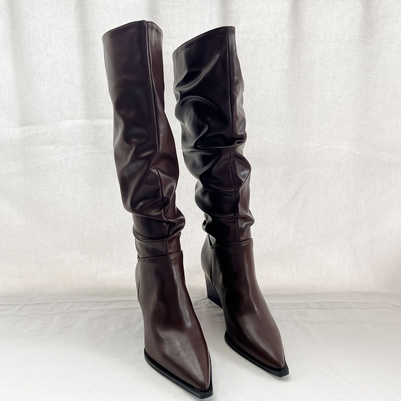 2023 Autumn Pointed Toe Chunky For Women Wrinkled Slip-On Riding High Heel Over-the-Knee Long Boots_voghion.com