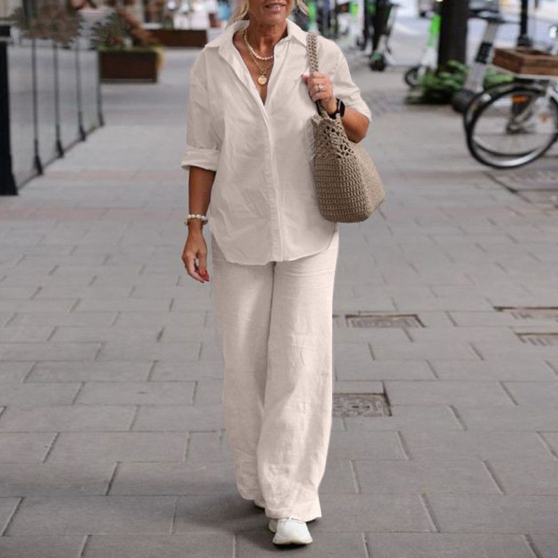 Vêtements pour femmes ensemble deux pièces pour femmes chemise à manches longues à revers pour femmes printemps et automne pantalon décontracté de couleur unie costume à jambes larges_voghion.com