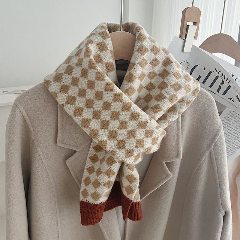 Versione coreana della sciarpa lavorata a maglia a quadri con diamanti di nicchia, versatile per autunno inverno, carina studentessa, calda e spessa_voghion.com