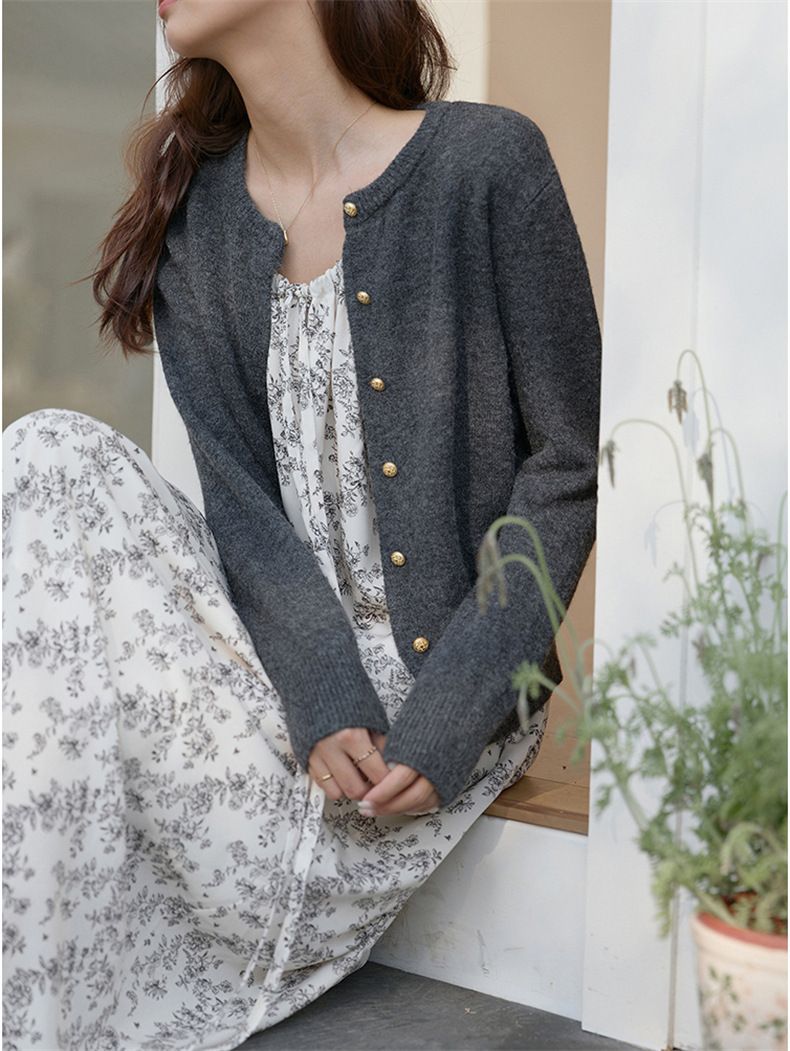 Cardigan lavorato a maglia con scollo rotondo e bottoni dorati, da donna, coreano, delicato, autunno 2024, casual, basico, giacca_voghion.com