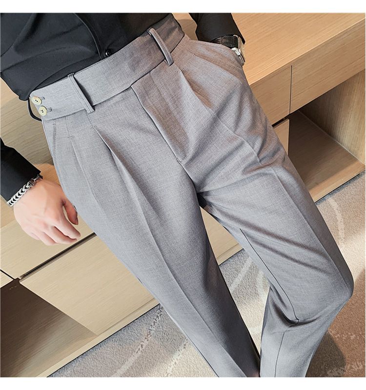 Pantaloni napoletani da uomo nuovi di zecca, in twill strutturato, con vita a pieghe, design casual a nove punte, vita media e alta_voghion.com