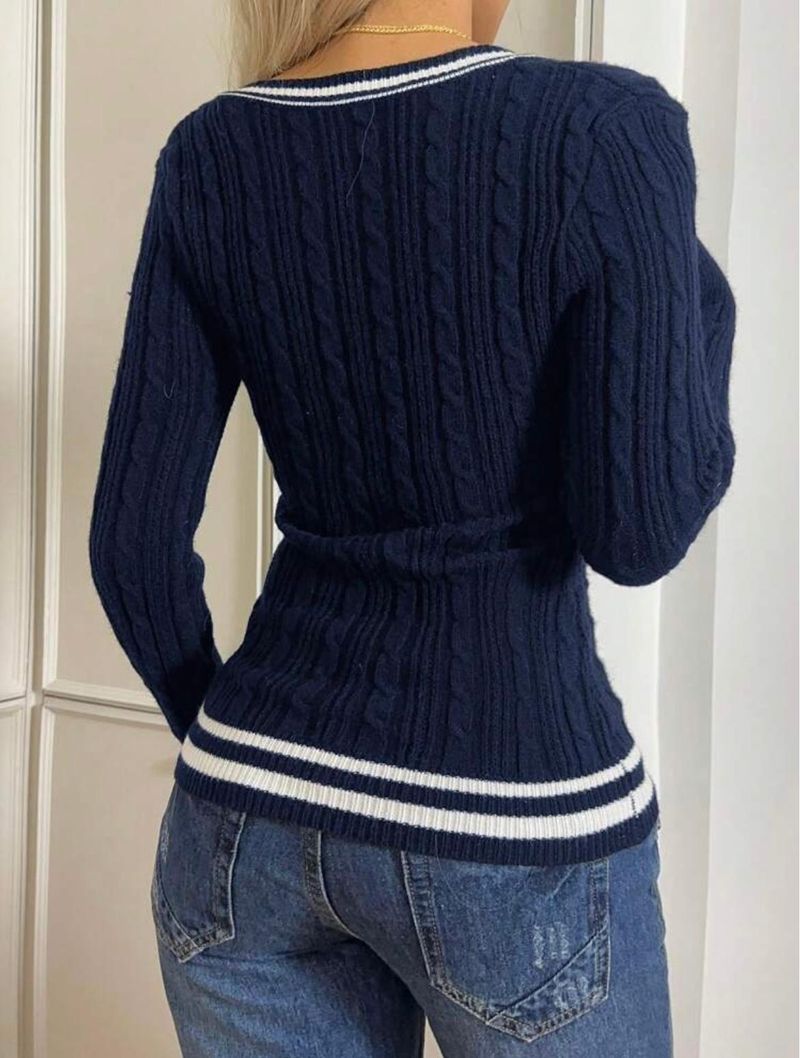 Maglione a trecce con scollo a V da donna - Pullover a blocchi di colore slim fit per donna, abbigliamento casual da college, moda autunnale_voghion.com