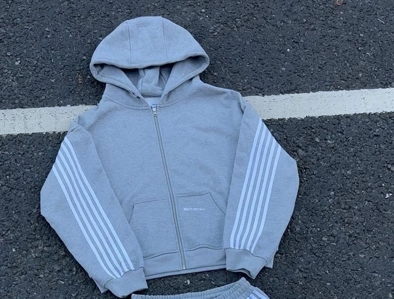 Hip-hop Trendy Brand HCW Striped Embroidered Zipper Hooded Sweater Sweatpants Two-piece Casual Suit_voghion.com