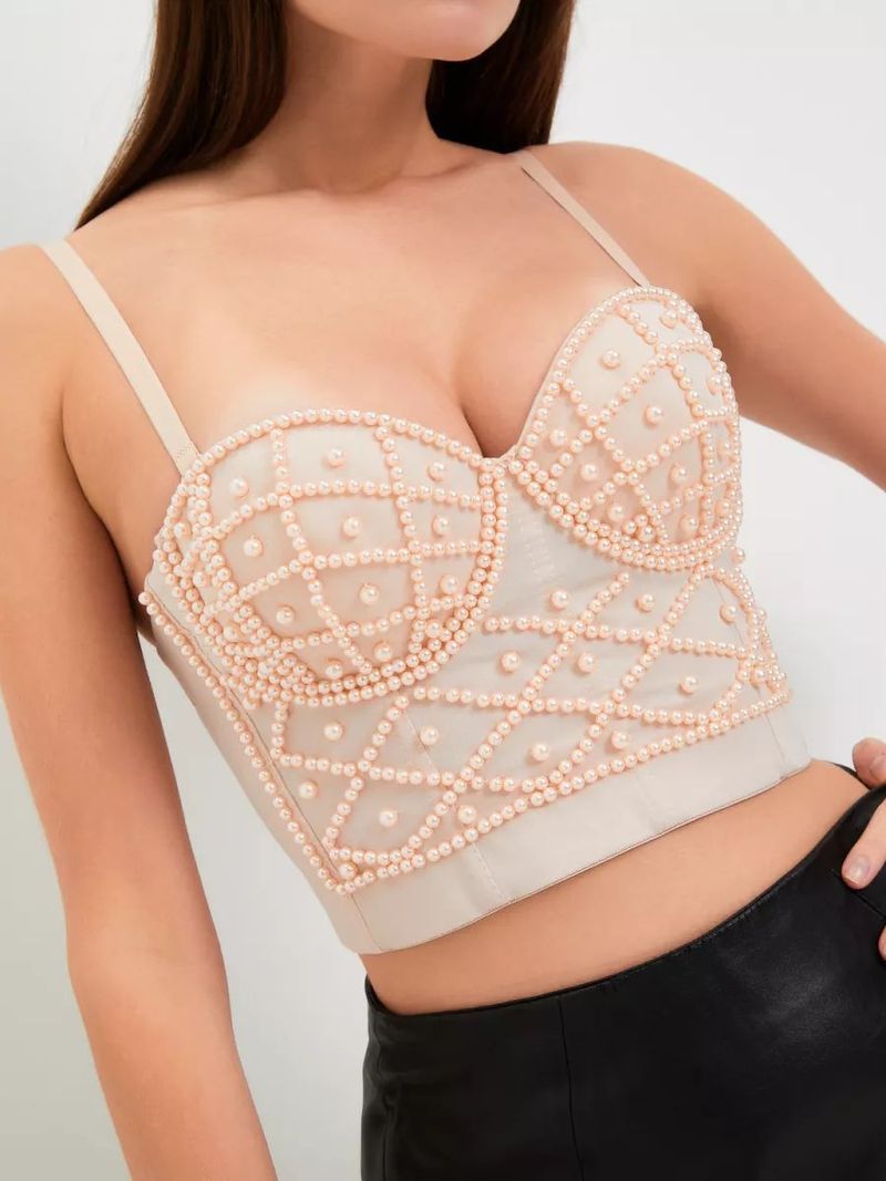 Corsetto sexy con spalline di perle - Bustino regolabile con lacci per donna, moda estiva elegante e chic_voghion.com