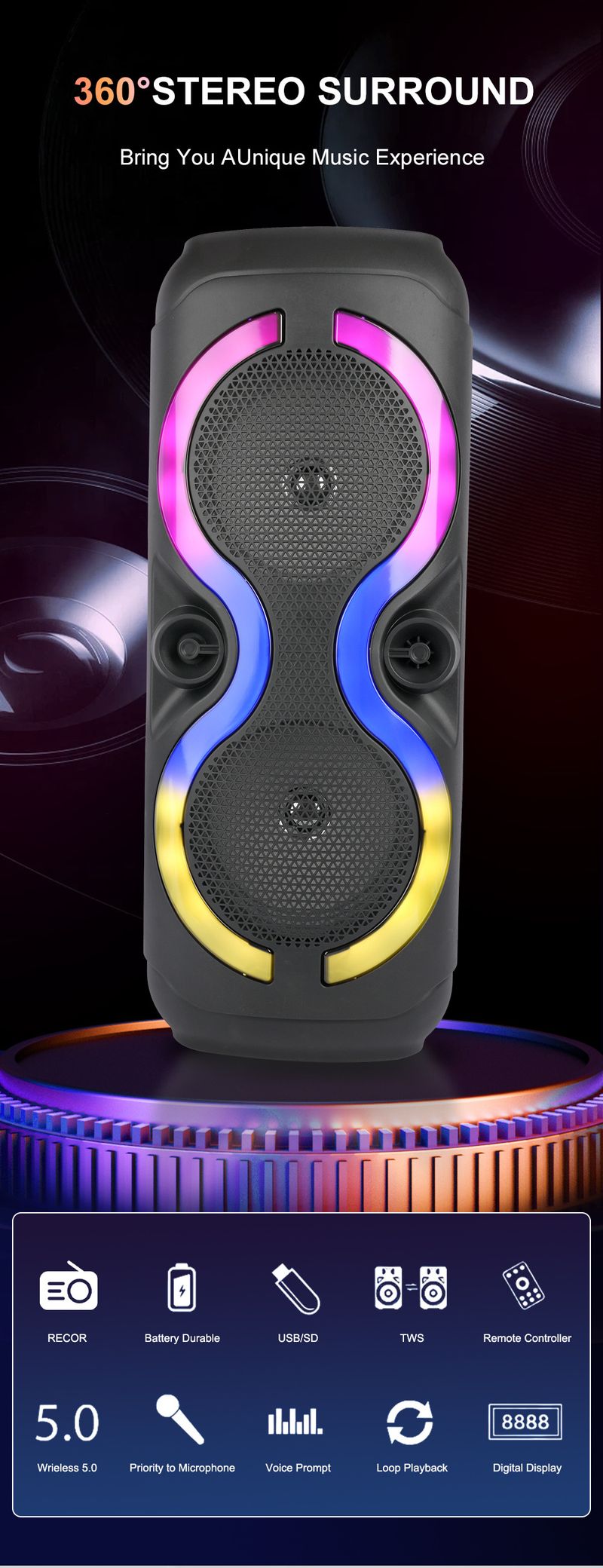ZQS8230 Haut-parleur double 8 pouces 30 W Bluetooth d'extérieur avec microphone LED colorée_voghion.com