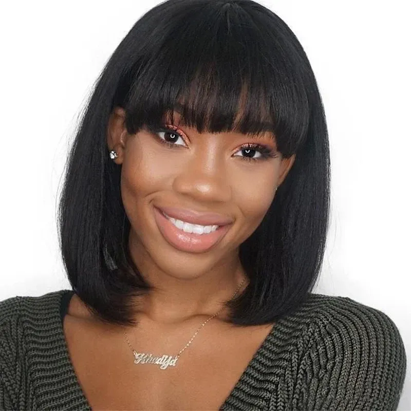 Brazilian Human Hair Bob Wig with Bangs, Straight, 8-14 Inches_voghion.com