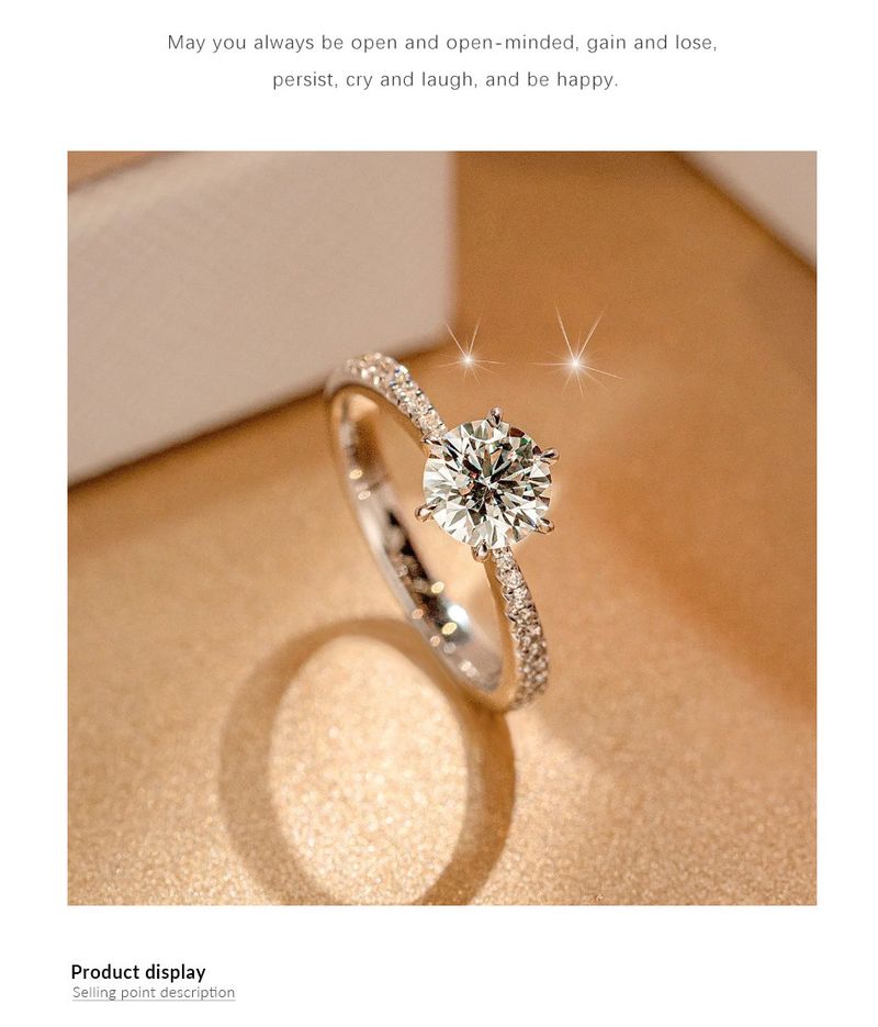 Anello con diamante moissanite da un carato, simulazione di proposta di fidanzamento con sei griffe, apertura regolabile_voghion.com