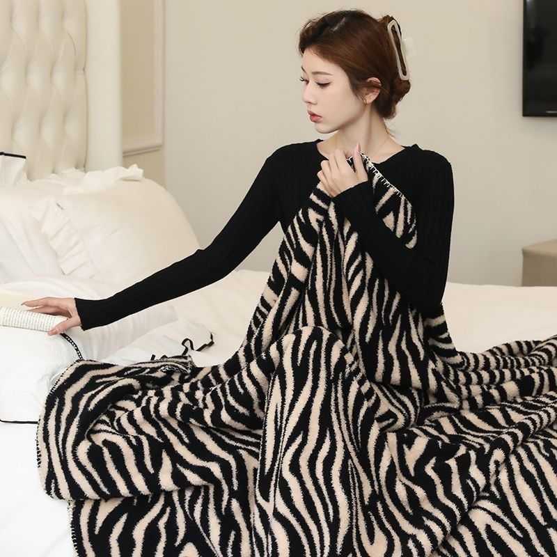 Zebra Pattern Sofa Knitted Half Nap Decoration Bed End Towel Soft Veet Blanket_voghion.com