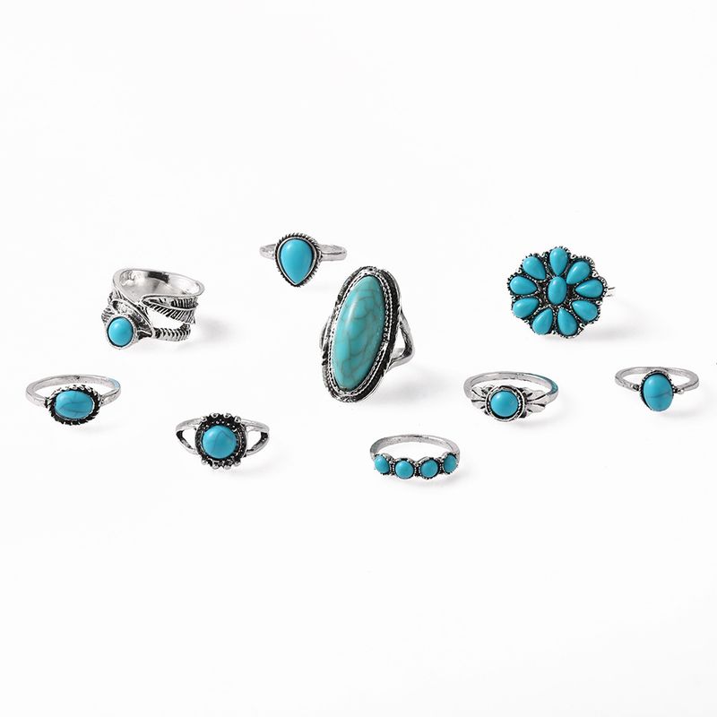 Neues böhmisches 9-teiliges Ringset mit Federn und Türkis_voghion.com