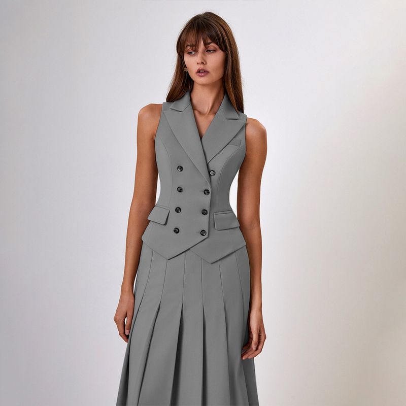 Vêtements pour femmes, tempérament d'automne élégant, nouveau gilet sans manches, jupe longue plissée, costume deux pièces_voghion.com