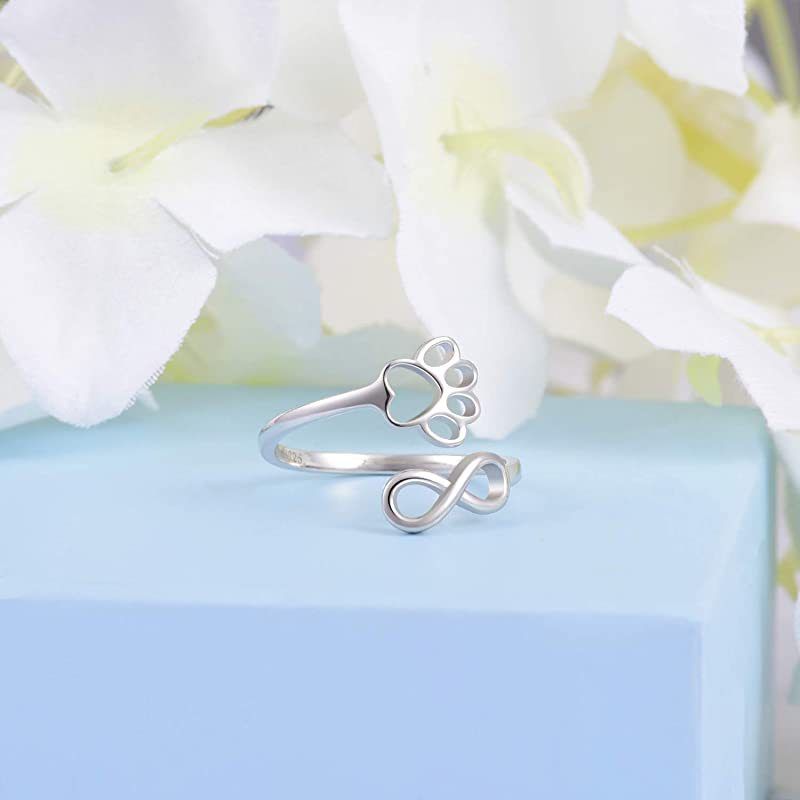 S Silver Pet Cat Paw Figure 8 Ring Infinity Symbol Footprint Adjustable Size_voghion.com