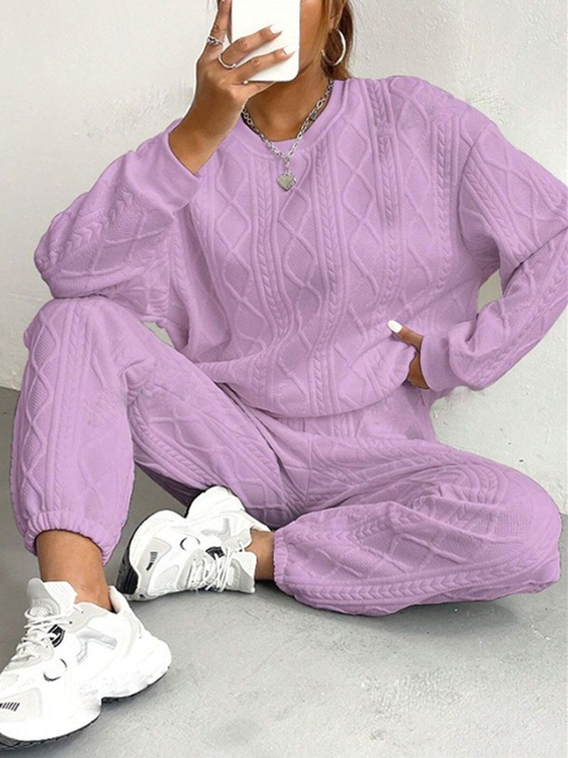 Conjuntos de duas peças femininos, conjunto de calças combinando, gola redonda, manga comprida, tops, calças compridas, elegante, cós elástico, casual 2025_voghion.com