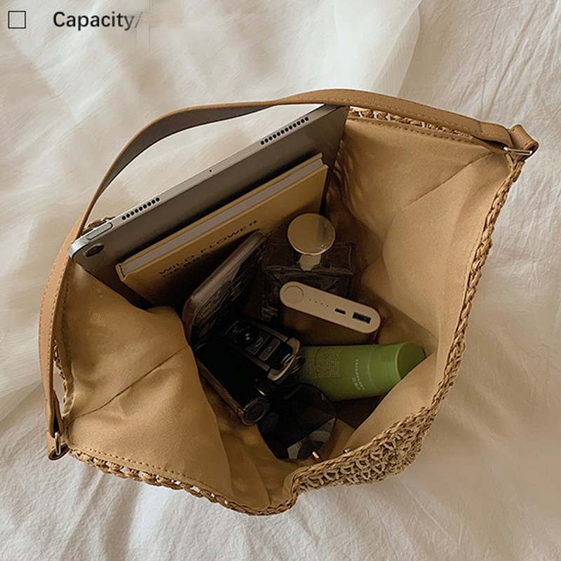 Borsa a tracolla di paglia intrecciata da donna popolare, borsa di medie dimensioni con manico per le vacanze al mare_voghion.com