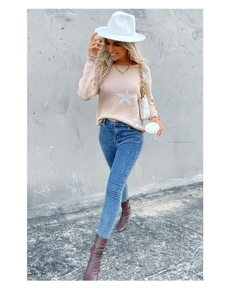 Langärmliger khakifarbener Damenpullover mit Rundhalsausschnitt und fünfzackigem Saum_voghion.com