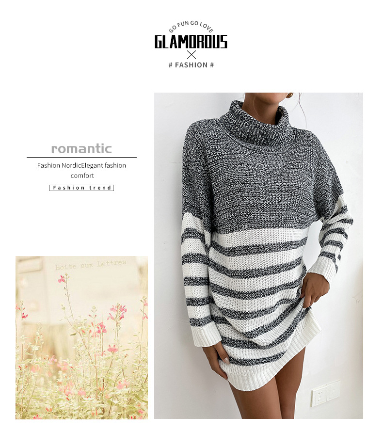 Abiti maglione stile pigro a collo alto di media lunghezza lavorato a maglia caldo e sciolto a righe_voghion.com
