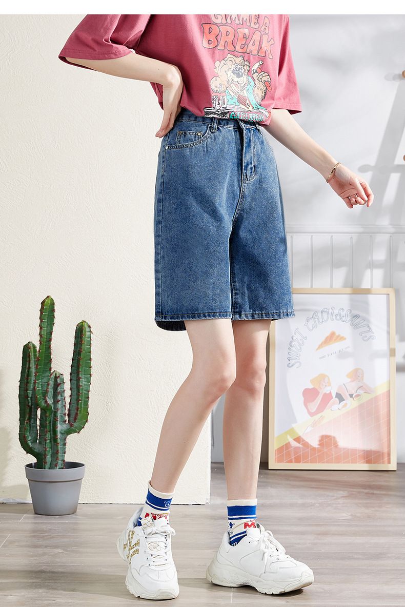 Capris in denim a vita alta di colore chiaro estate 2024 nuovi pantaloni da ciclismo a gamba larga dritta larghi e snellenti_voghion.com