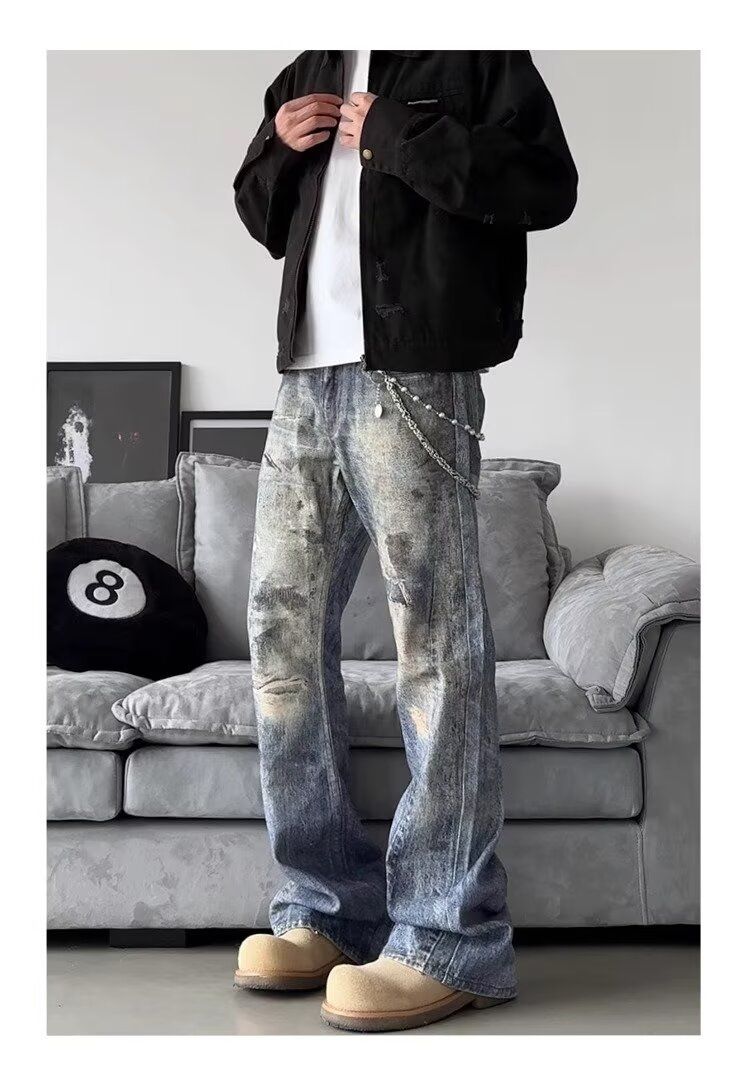 Jeans stampati in 3D – Pantaloni in denim bootcut a vita bassa con stampa digitale e lavaggio vintage_voghion.com