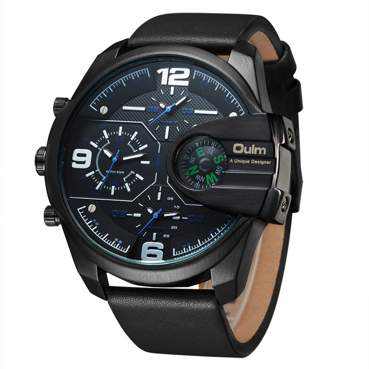Luxuriöse Herren-Quarzuhr mit Kompass und GMT-Funktion, 58 mm großes Zifferblatt, Echtlederarmband, 30 m wasserdicht – Größen verfügbar_voghion.com