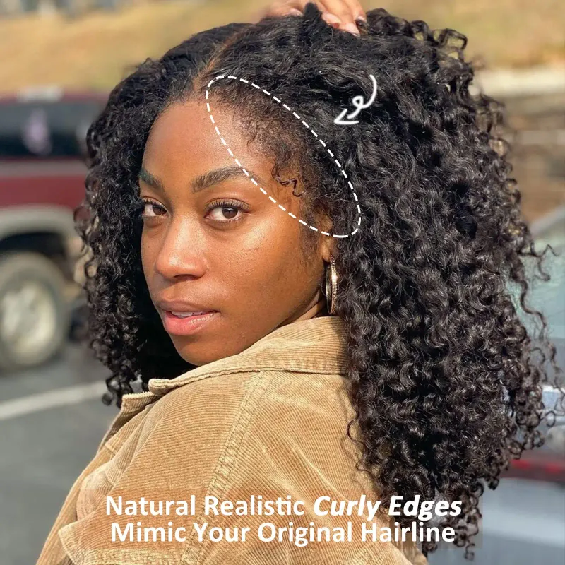 Perruque frontale en dentelle bouclée en cheveux humains ondulés avec bords crépus et ligne de cheveux de bébé 13x6_voghion.com