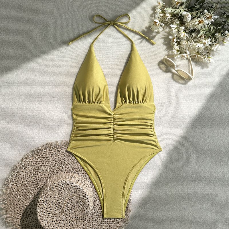 Maillot de bain une pièce en nylon brillant pour femme, décolleté en V profond, bikini_voghion.com