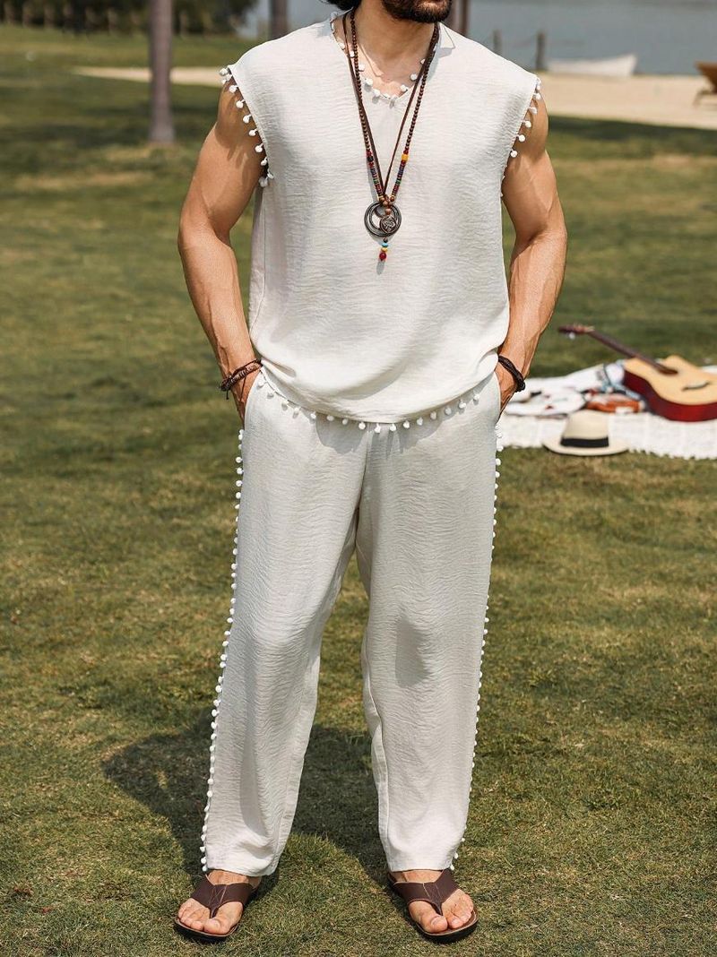 Herrenbekleidung Herren Einfarbig Pelz Ball Dekoration Ärmellose Weste Hosen Anzug INS Meistverkaufte Einfarbig Casual_voghion.com