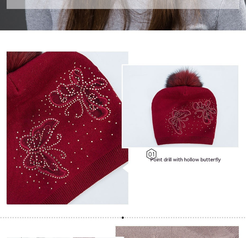 Women's Winter Fur Raccoon Ball Warm Hot Diamond Hollow Butterfly Knitted Versatile Fashion Pullover Hat_voghion.com
