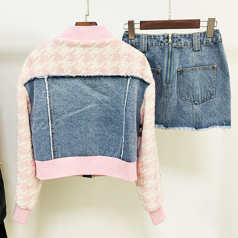 Chaqueta de uniforme de béisbol con borde suelto y empalme de mezclilla para mujer + conjunto de dos piezas de traje de falda_voghion.com