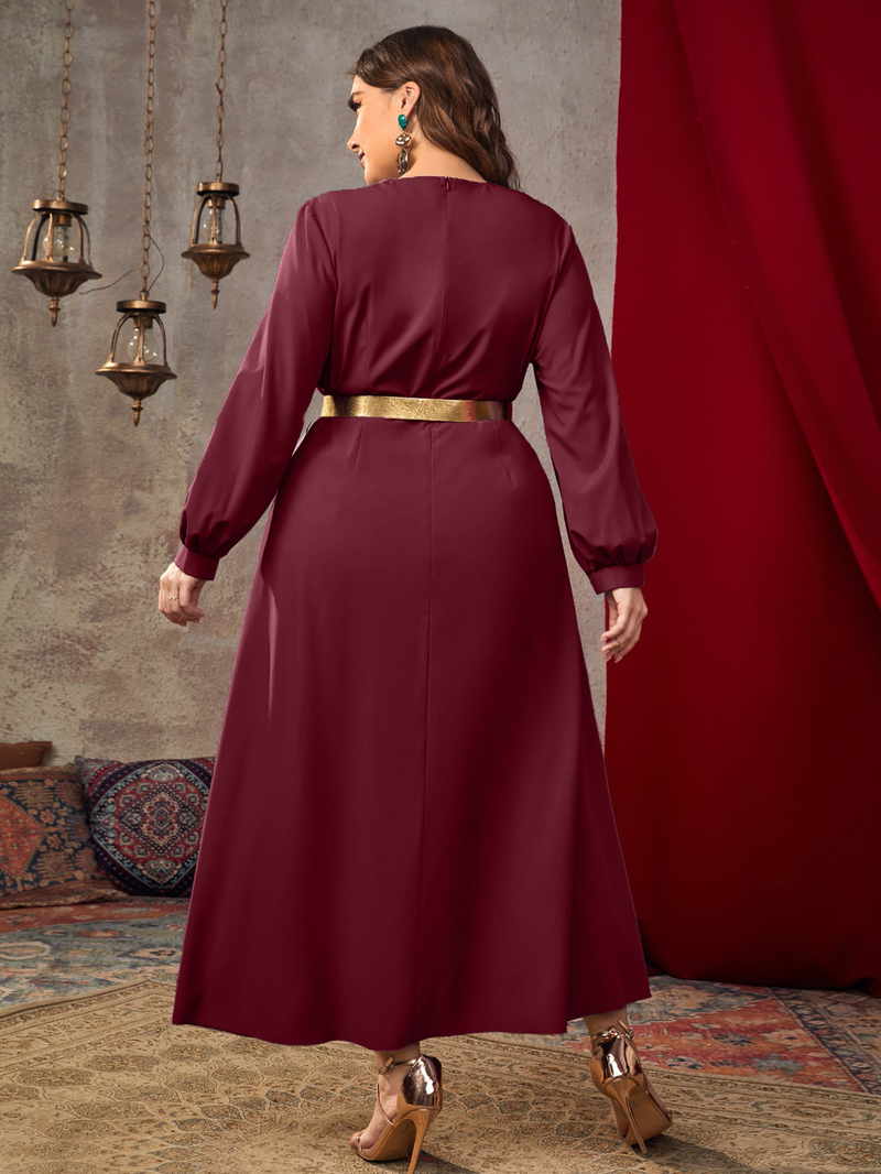 Abito ampio da donna a vita alta, taglie comode, con scollo a V_voghion.com