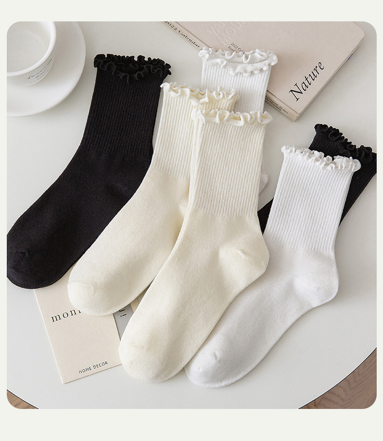Ruffle Socks for Women 5pair /Lot Mid Crew Middles Tube Ankle High Breathable Black White Calcetines Female Spring_voghion.com