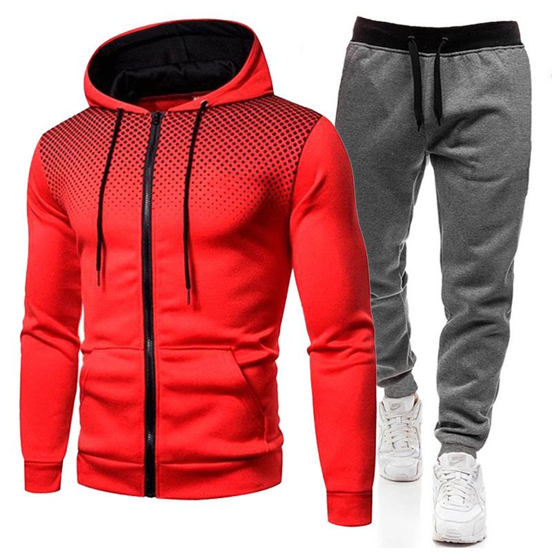 Autumn Winter Fleece Polka Unisex Sports Hoodie Dot Men Solid Color Zipper Sweatshirt Sweatpants Set_voghion.com