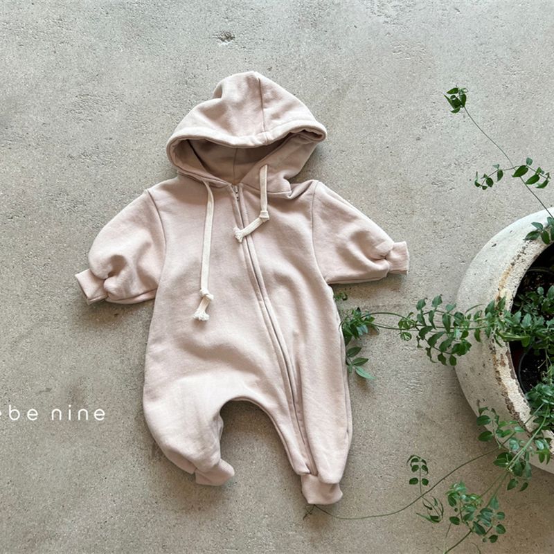 Baby Cotton Soft Oblique Zipper Hooded Long Sleeved Sweater Jumpsuit Korean Version Of The Baby Jumpsuit_voghion.com