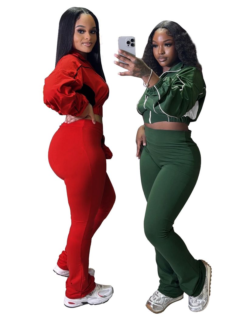 Women's Stylish Two-Tone Contrast Stitching Zip-Front Flared Pants Set – Trendy Office & Casual Outfit_voghion.com