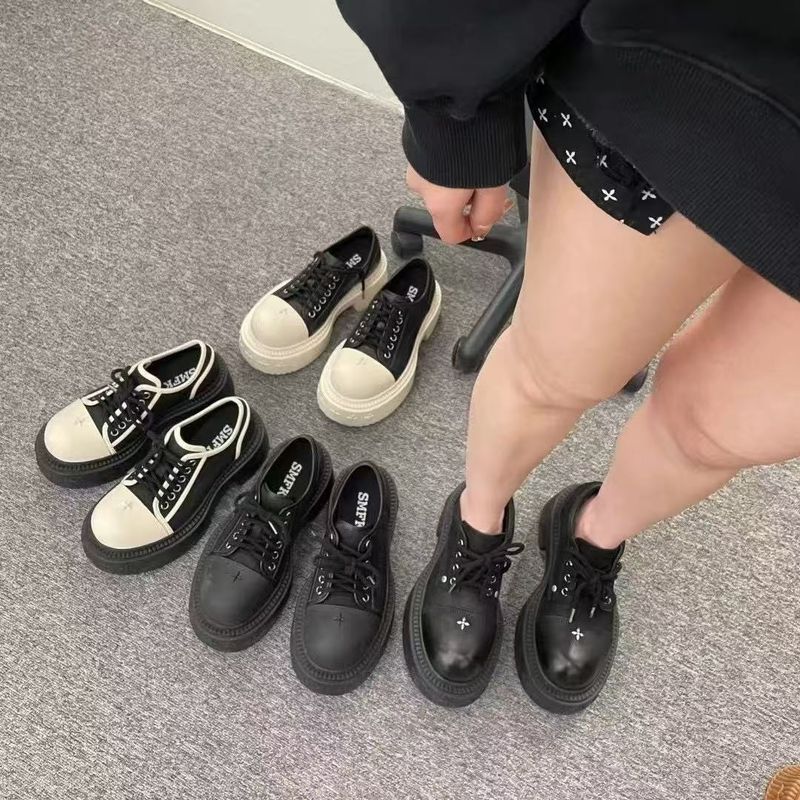 SMFK Derby-Schuhe mit Kreuzmuster, echtes Leder, dicke Sohle, großer Kopf, lässig, Panda, trendige Marke, Canvas, höhenverstärkende Schuhe_voghion.com