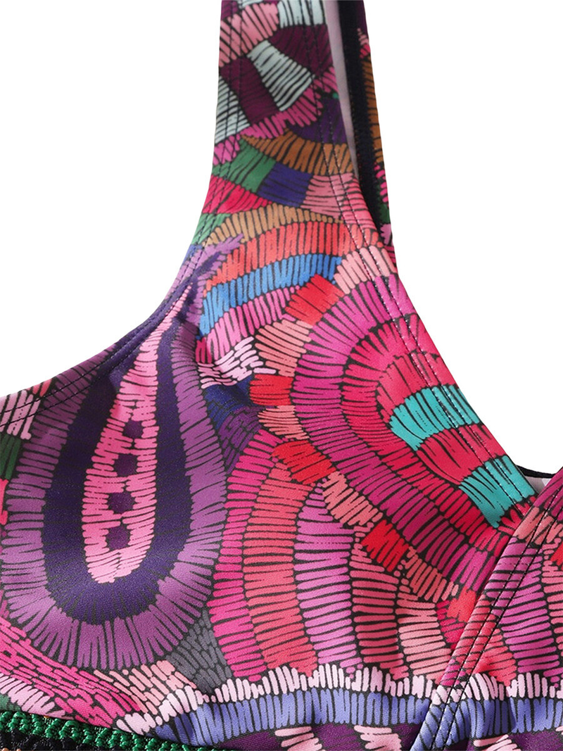 Happybuyner Ensemble de maillot de bain 2 pièces pour femme Imprimé rétro Col en V Débardeur rembourré et slip élastique avec glands Vêtements de plage_voghion.com