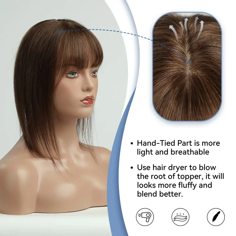 Topper per capelli umani Remy al 100% con frangia, toupee marrone, pezzi di capelli con base in seta, clip in topper, capelli per le donne, perdita di capelli_voghion.com